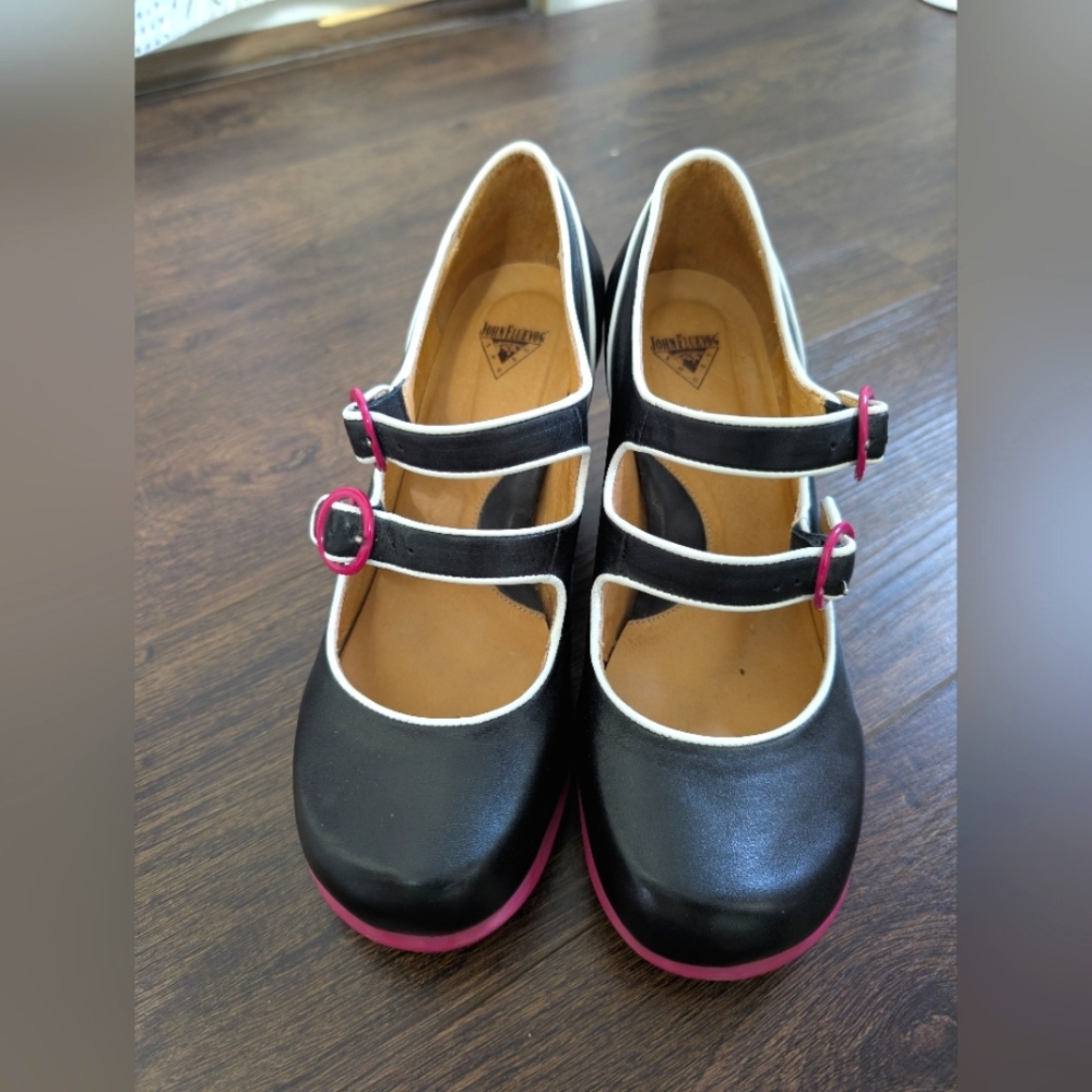 John Fluevog Black Liz Double Buckle Mary Jane Heel